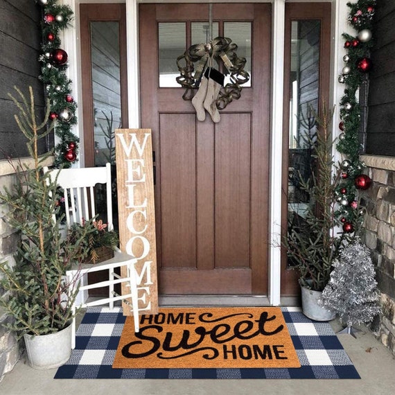 Navy Blue White Plaid Rug Indoor Porch Checkered Rug, Washable