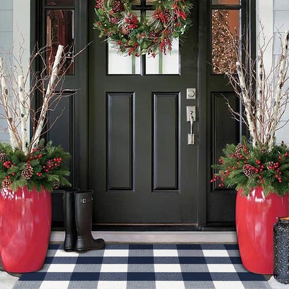 Navy Blue White Plaid Rug Indoor Porch Checkered Rug Washable