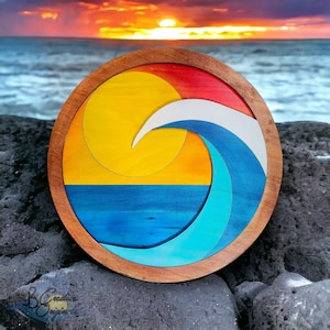 Handmade Ocean Sunset Wave Circle – Coastal Wood Beach Wall Art