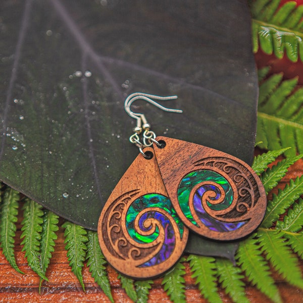 Handmade Koa Wood Earrings, Hawaii Earrings, Koru Abalone Inlayed Dangle Earrings,  Laser Engraved