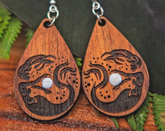 Koa Wood Earrings, Mermaid, Dangle Earrings, Drop Earrings, Laser Engraved, Mermaid Gift
