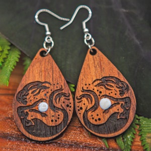 Laser Engraved Koa Wood Mermaid Earrings: Sterling Silver Dangle