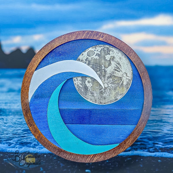 Ocean Night Wave, Handmade Beach Decor, Circle Wall Art, Moon Wave, Ocean Wall Art, Ocean Wave Art, Ocean Decor, Beach Art, Wall Art, Round