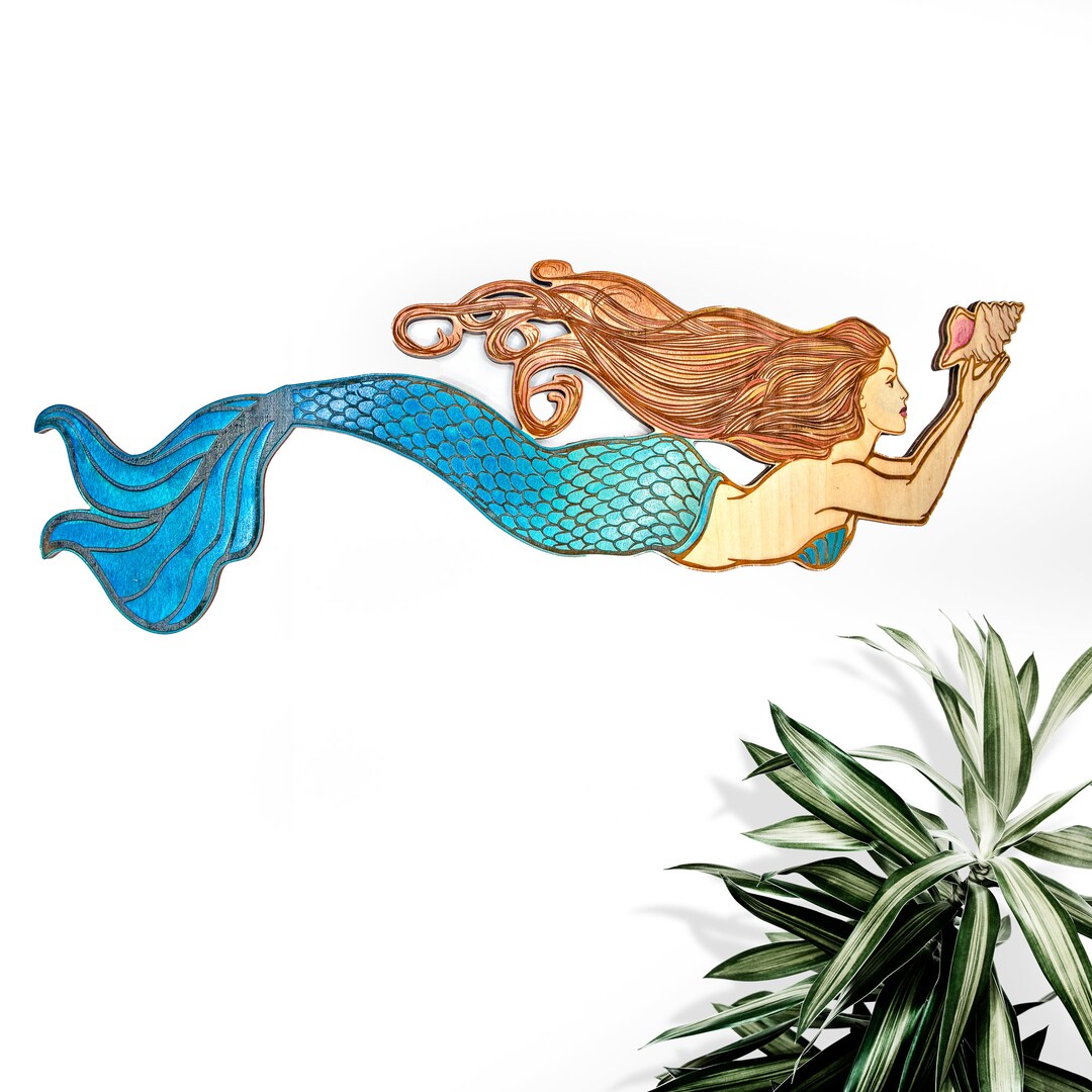 Handcrafted Mermaid Wall Art – Engraved Hand-painted Wood Coastal Décor ...