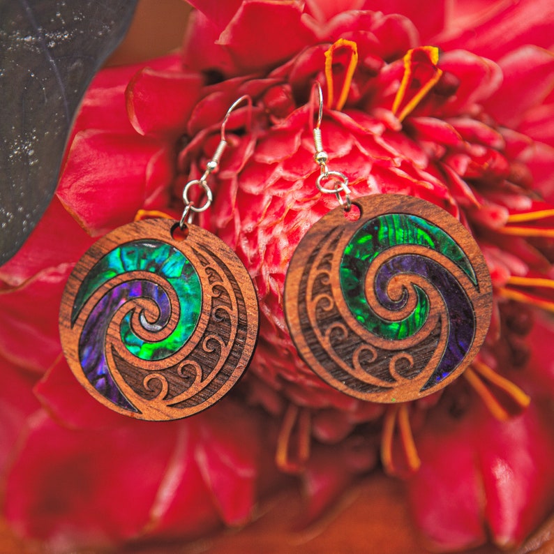 Handmade Koa Wood Earrings Hawaii Earrings Koru Abalone Etsy