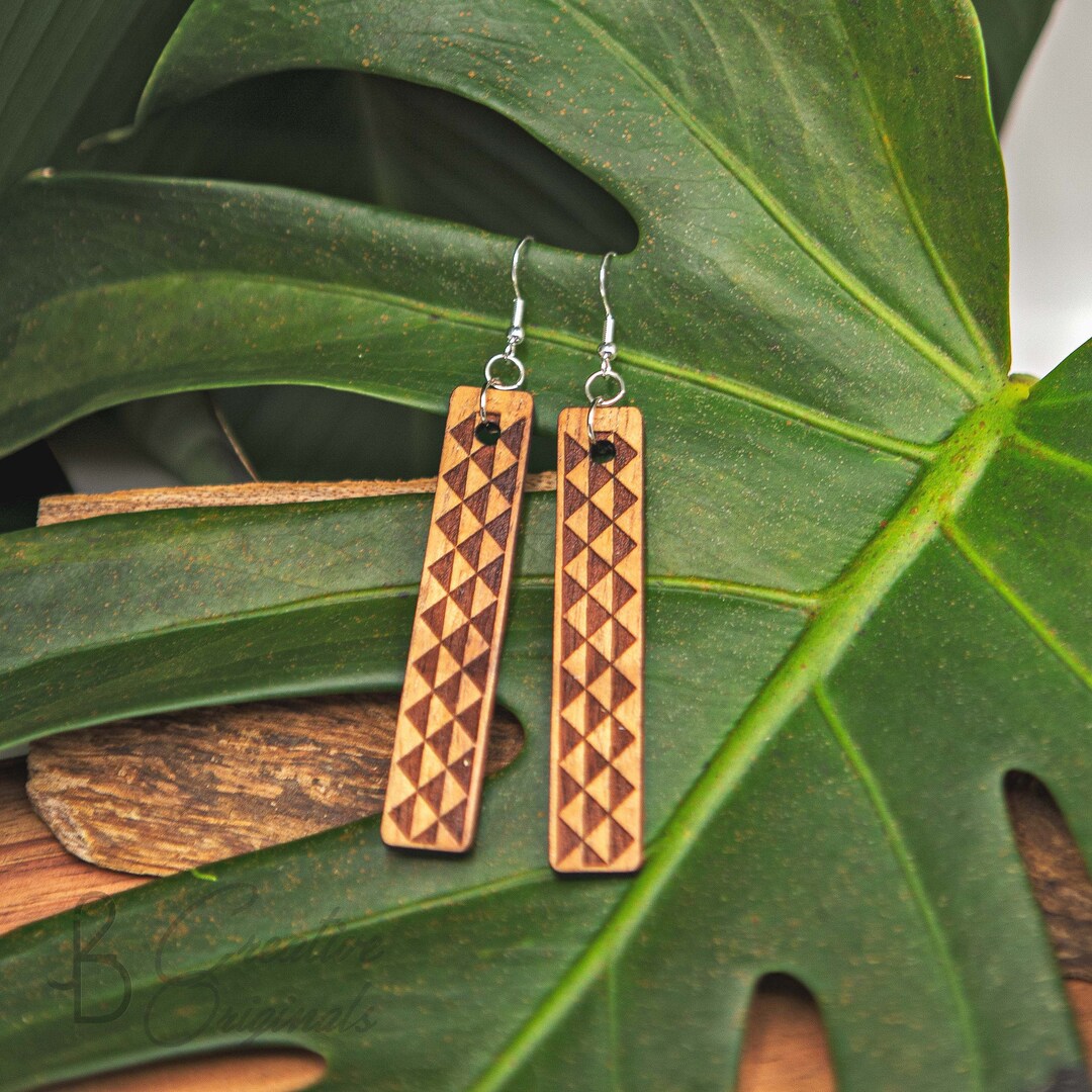 Koa Wood Earrings, Hawaii Earrings, Tribal Earrings, Laser Engraved