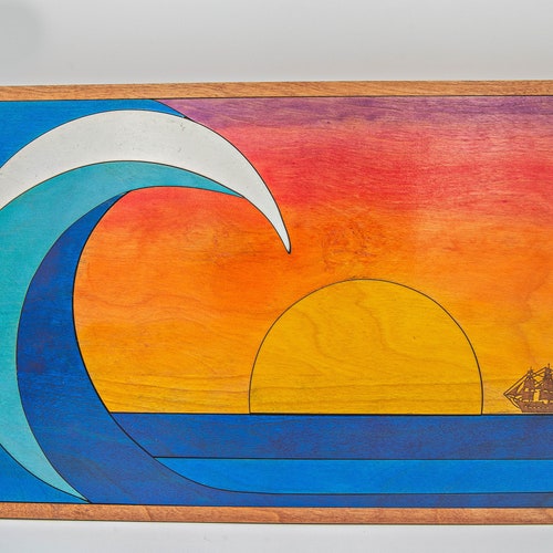 Handmade Sunset Wave Surfboard Art Beach Decor Coastal Wall Etsy