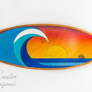 Handmade Sunset Wave Surfboard Art: Coastal Home Decor