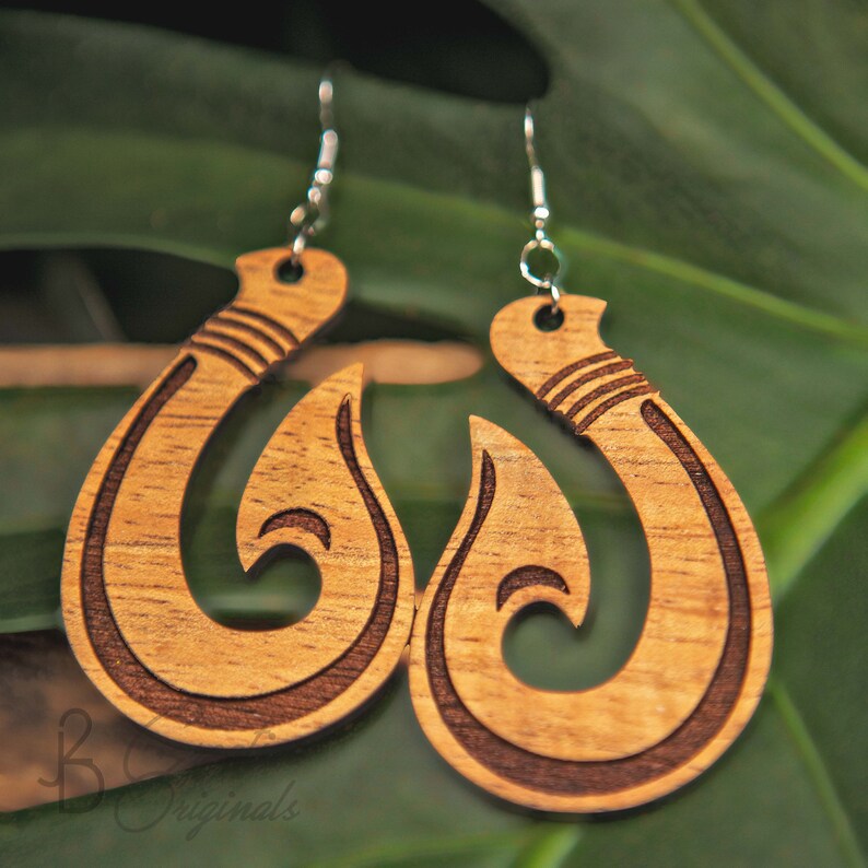 Koa Wood Earrings Large Maui's Hook Hawaii Earrings Etsy