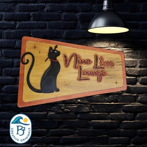 Nine Lives Lounge Retro Cat Sign – Mid Century Cat Wall Art by B2 Creative Originals