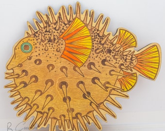 Handmade Wooden Pufferfish Wall Art: Ocean Decor