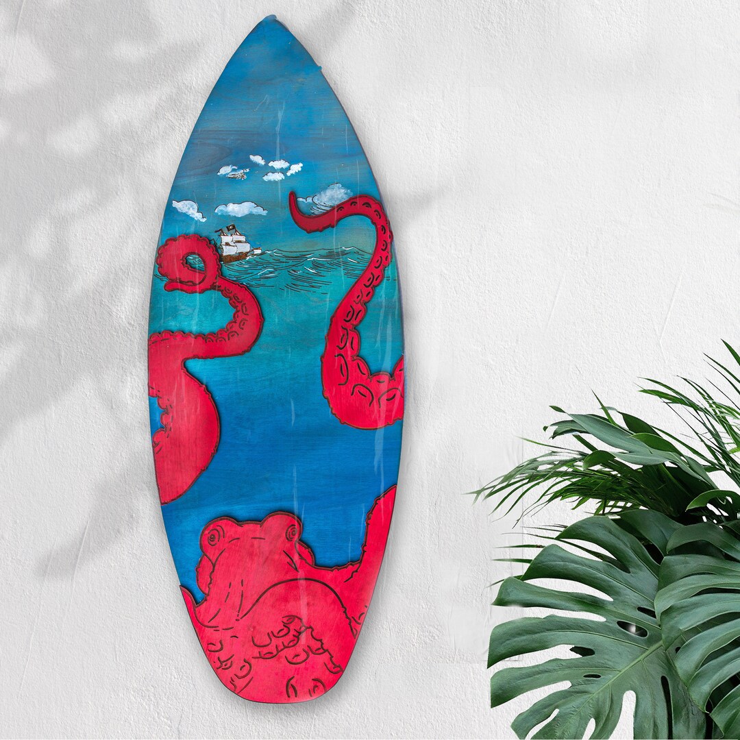Octopus Surfboard Art Handmade Sea Life Decor Large Wall Etsy