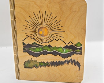 Mountains Wood Planner, Notebook, Binder, Journal, Handmade, Refillable, Engraved, Wood Notebook, Wood Binder, Custom Gift