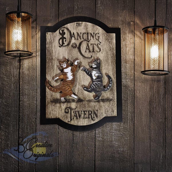 Dancing Cats Tavern Sign - Cat Bar Art for Home Pub or Lounge
