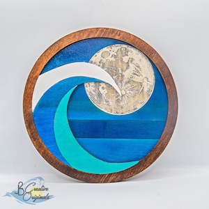 Handmade Ocean Wave Circle Wall Art: Moonlit Beach Decor
