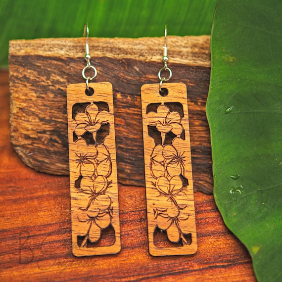 Koa Wood Earrings, Hawaii Earrings, Laser Engraved, Plumeria Flowers,  Dangle Earrings 