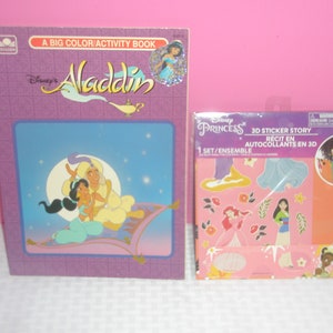 Vintage 1992 DISNEY’S ALADDIN Coloring Book / 2021 Disney’s PRINCESS 3D Sticker Story Play Set