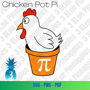 May include: A white chicken with a red comb sits inside a terracotta pot with a white pi symbol on the front. The pot is sitting on a white background.