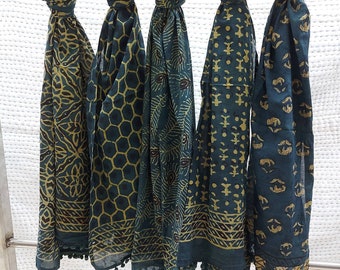 Mix Lot Indigo Bleu / Ajrak imprimé Stole Indian hand block print foulards coton étole taille 22x72 « foulard 5 pc