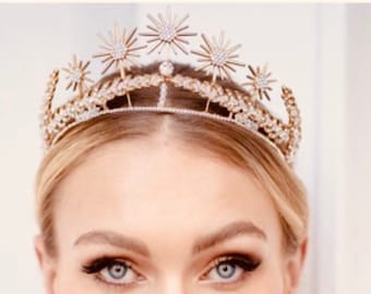 Gold star tiara, Starburst gold crown, celestial crystal crown, star crystal gold tiara, bridal star headpiece, Boho star headpiece