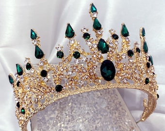 Green tiara, Victorian crown,emerald green gold tiara, green crystal crown, bridgerton crown, anna cosplay crown, green renaissance crown
