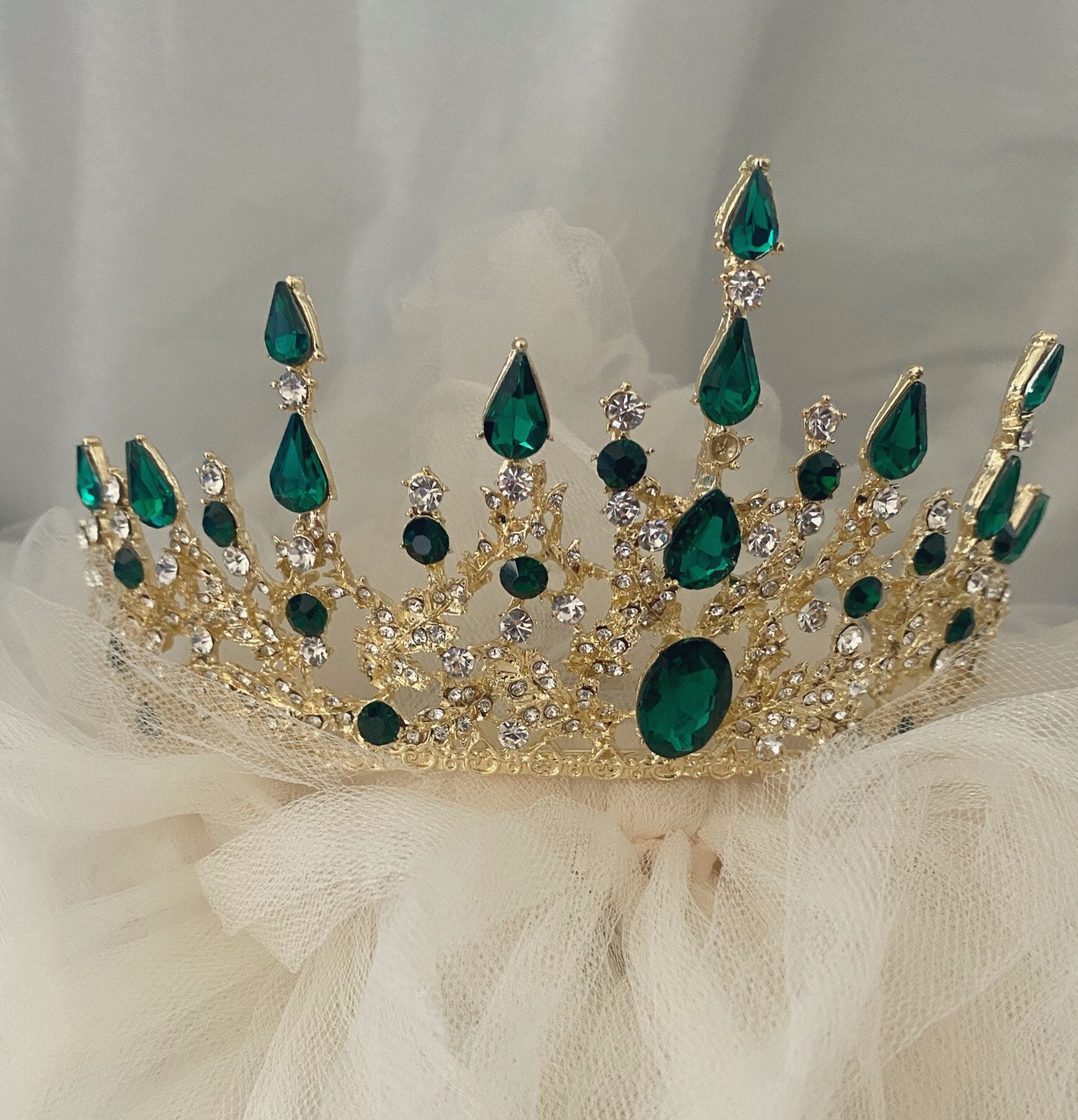 Vintage Handmade Crown, Emerald Crystal Crown, Victorian Tiara, Copper Crown Green Tiara, Victorian Crown,emerald Green Gold Tiara, Green  main image 4