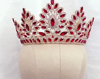 Ruby red crystal crown, victorian crown, royalty crown, red gold tiara, queen of hearts crown, red crystal pageant crown, bridal red crown