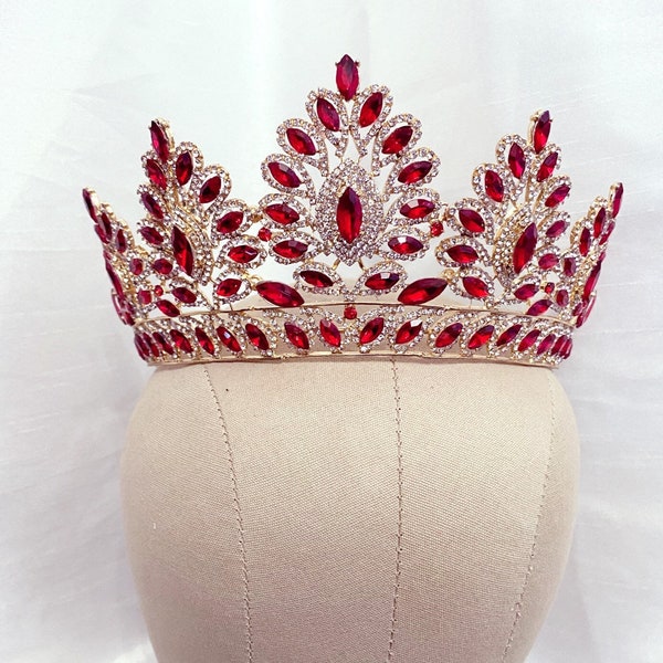 Corona di cristallo rosso rubino, corona vittoriana, corona reale, diadema d'oro rosso, corona della regina di cuori, corona di spettacolo di cristallo rosso, corona rossa nuziale