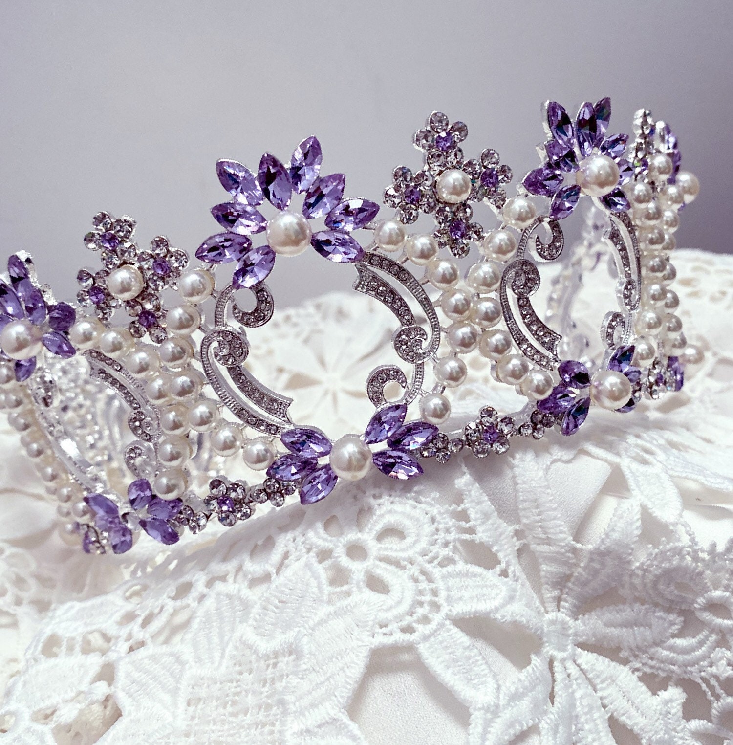 Whimsical Purple Crystal & Beaded Pearl Tiara Purple Bridal Jewelry Set with Tiara | Crystal Wedding  main image 4