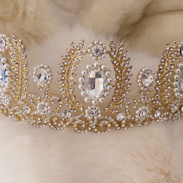 Victorian crown,pearl gold tiara, Vintage inspired crown, bridgerton crown, royalty crown