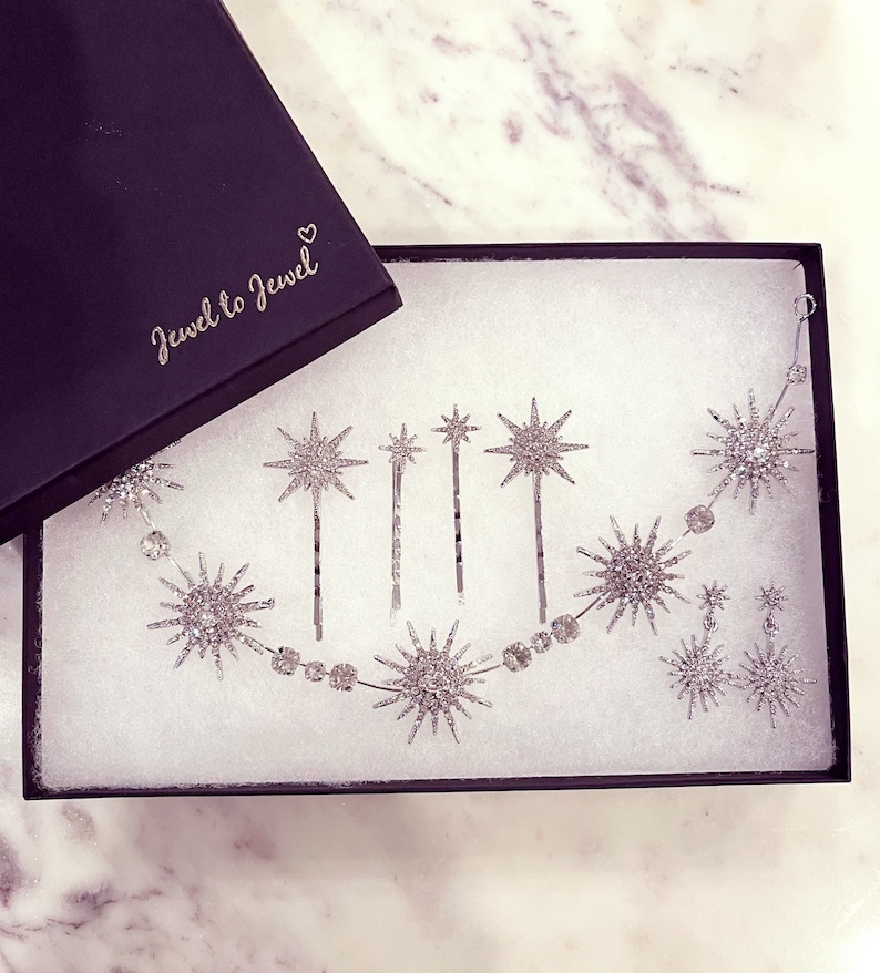 Hårnålar med silverstjärna, stjärnhuvudbonad, stjärntiara, hårspänne med stjärnmåne, stjärnhårspänne, astrologipresentset, 8 delar med presentask bild 9
