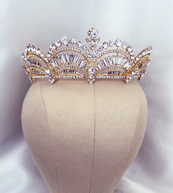 Victorian Crown, Gold Rhinestone Tiara, Vintage Inspired  display picture 2