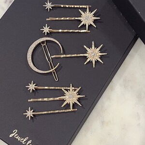 Hårnålar med silverstjärna, stjärnhuvudbonad, stjärntiara, hårspänne med stjärnmåne, stjärnhårspänne, astrologipresentset, 8 delar med presentask bild 5