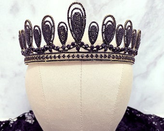 Mystic black crown, antique gold tiara, Vintage inspired crown, black rhinestone tiara, gothic bride, baroque black tiara