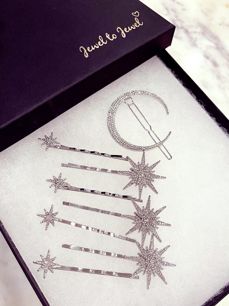 Hårnålar med silverstjärna, stjärnhuvudbonad, stjärntiara, hårspänne med stjärnmåne, stjärnhårspänne, astrologipresentset, 8 delar med presentask bild 3