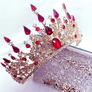 Ruby Red Gold Tiara, Victorian Red Crown, Royalty Crown