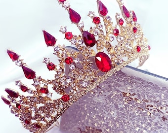 Ruby red gold tiara, victorian red crown, royalty crown, bridgerton crown, red crystal pageant crown, Christmas holiday crown