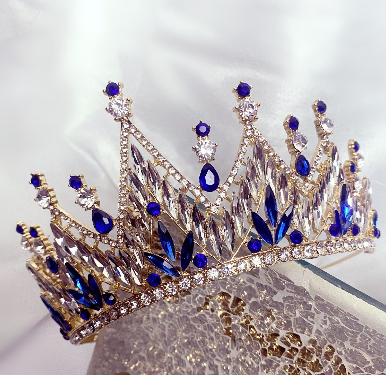 Blue and Gold Crystal Tiara Victorian Sapphire Crown Blue