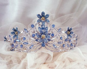 Blue Crystal Tiara, blue flower Rhinestone Pageant Crown, periwinkle Bridal Princess Headpiece