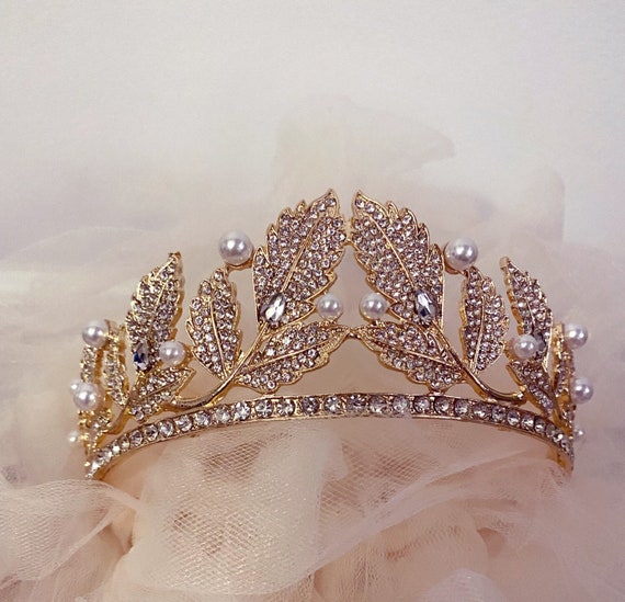 Gold Leaf Tiara, Goddess Gold Crown,pearl Gold Tiara, Gold  display picture 1