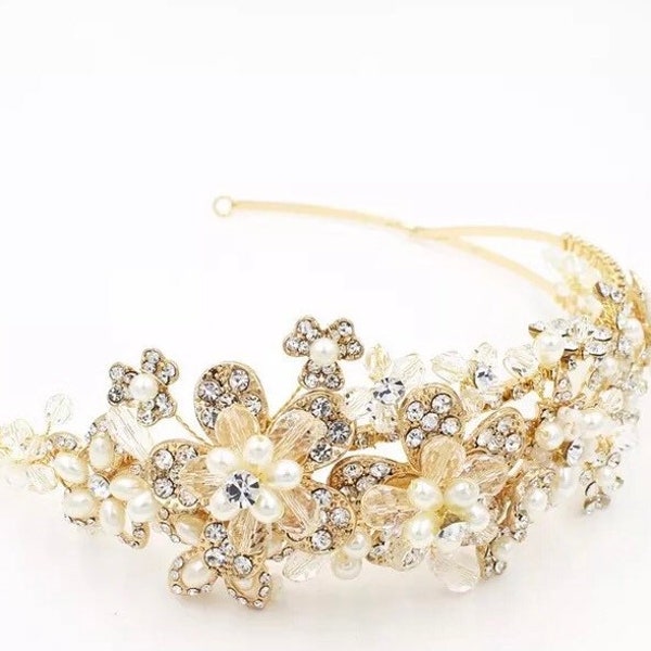 Victorian hairpiece, flower gold pearl bridal headpiece, Vintage inspired tiara, bridal pearl tiara crown, flower pearl headband