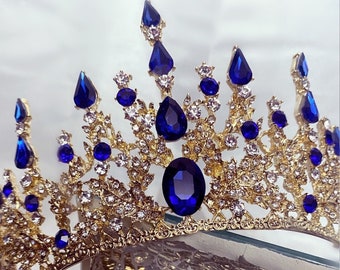 Blue crystal baroque crown,Victorian sapphire tiara, blue pageant crown, royal blue cosplay tiara,bridgerton crown, blue bride crystal crown