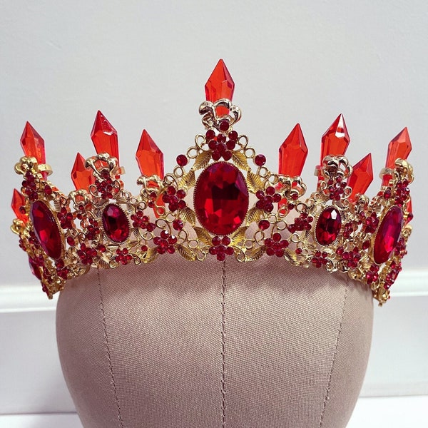 Ruby red gold tiara, victorian crown, royalty crown, disney crown, queen of hearts crown, red crystal pageant crown