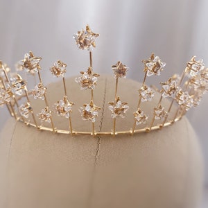 Star tiara,celestial crystal crown,star crystal gold tiara, bridal star headpiece, stars crown, Boho star headpiece, sun burst bridal crown.
