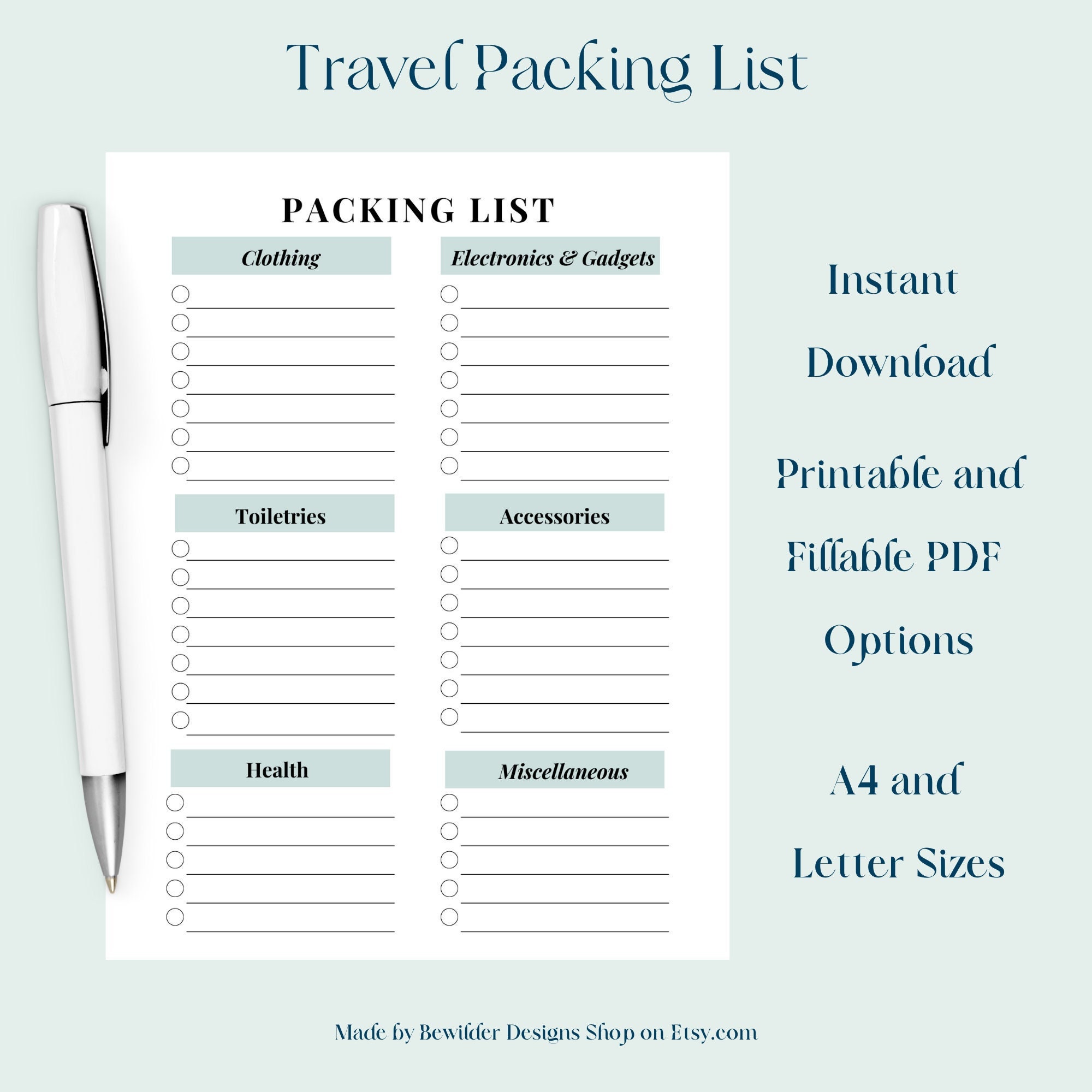 Vacation Travel Packing List, Printable or Fillable, Instant Download ...