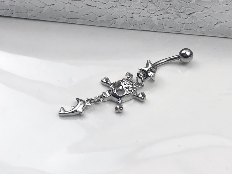 CZ Dangle Skull Belly Button Ring \u2022 925 sterling silver belly button ring