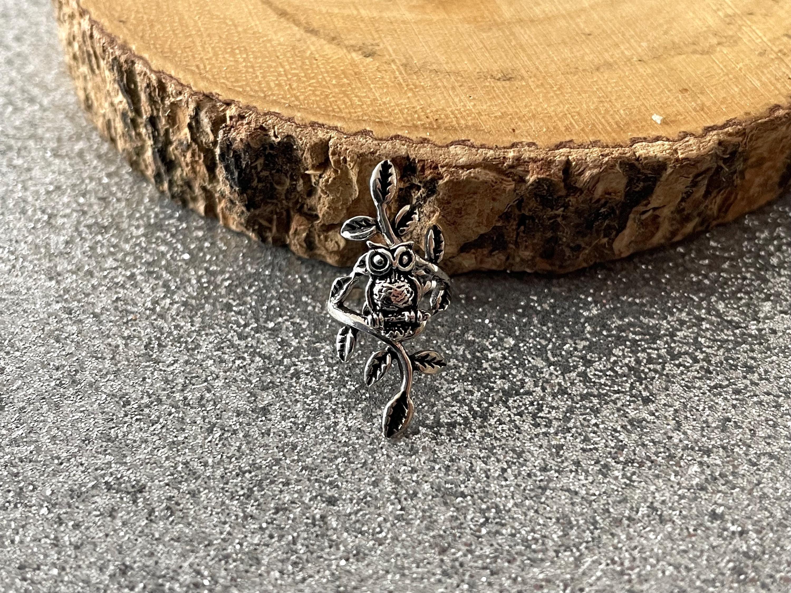 Sterling Silver Owl Ear Cuff: Mirrored Leaves Design