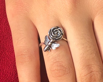 Sterling Silver Bee & Flower Ring