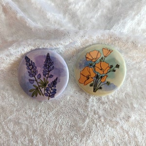 Set of 2 California Native Wildflower Pinback Buttons - 1.5&quot;