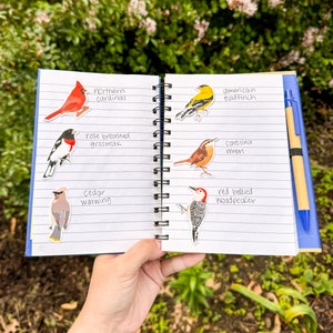 May include: Open notebook with bird stickers and handwritten labels. Includes a Northern Cardinal, American Goldfinch, Rose-breasted Grosbeak, Carolina Wren, Cedar Waxwing, and Red-bellied Woodpecker. A blue pen rests on the right side.